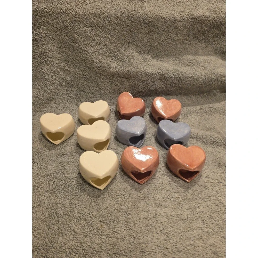Set Of 12 Heart Shaped Ceramic Napkin Rings Pink Blue‎ And White
